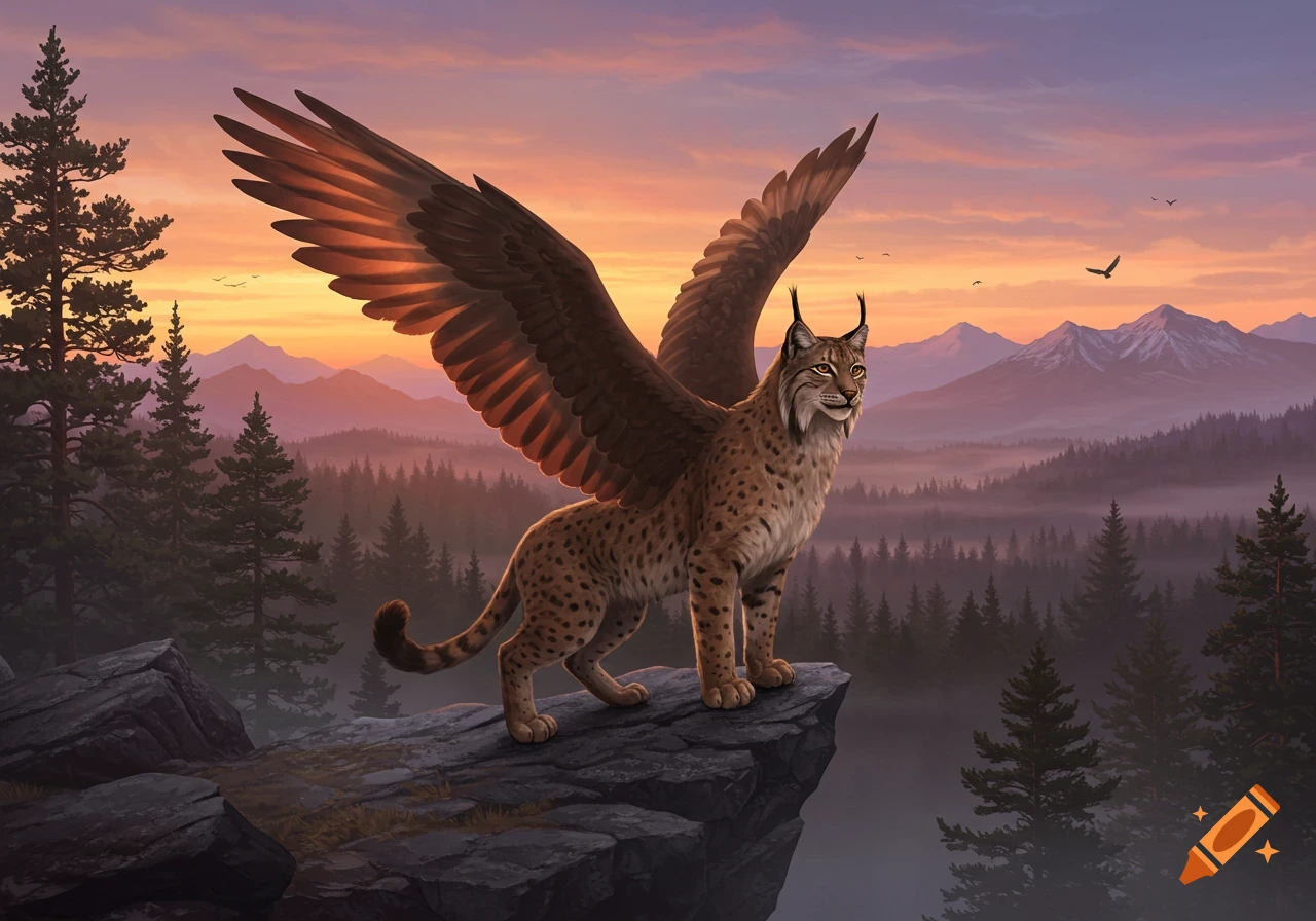 A lynx-like griffin with large wings stands on a rocky cliff overlooking a misty mountain landscape at sunset.