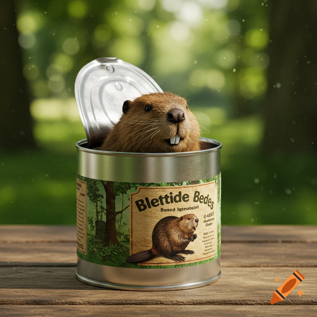 A photorealistic image of a brown beaver peeking out of an opened tin can sitting on a wooden table outdoors.