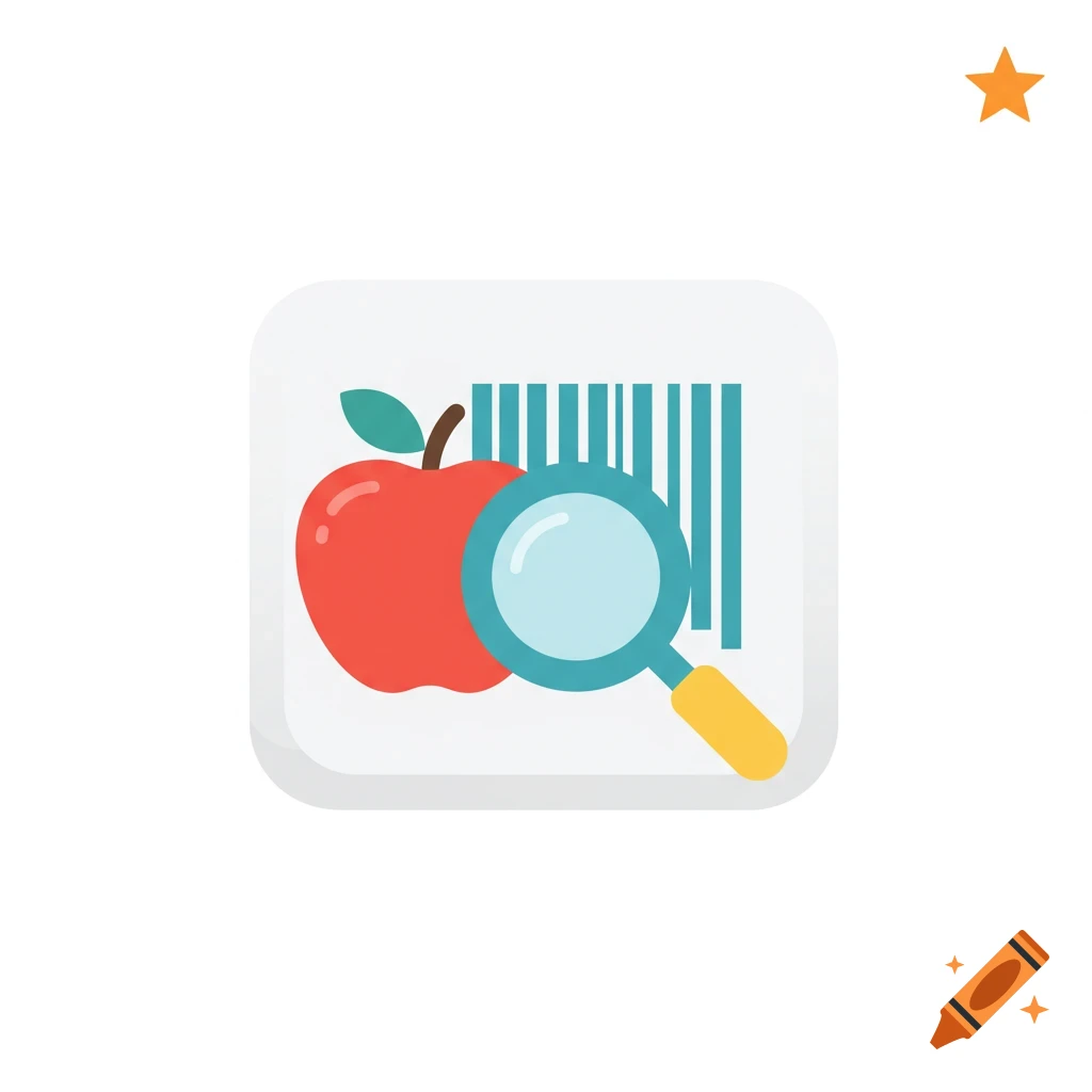 Flat app icon with a red apple, teal barcode, and yellow magnifying glass, with an orange star in the corner.