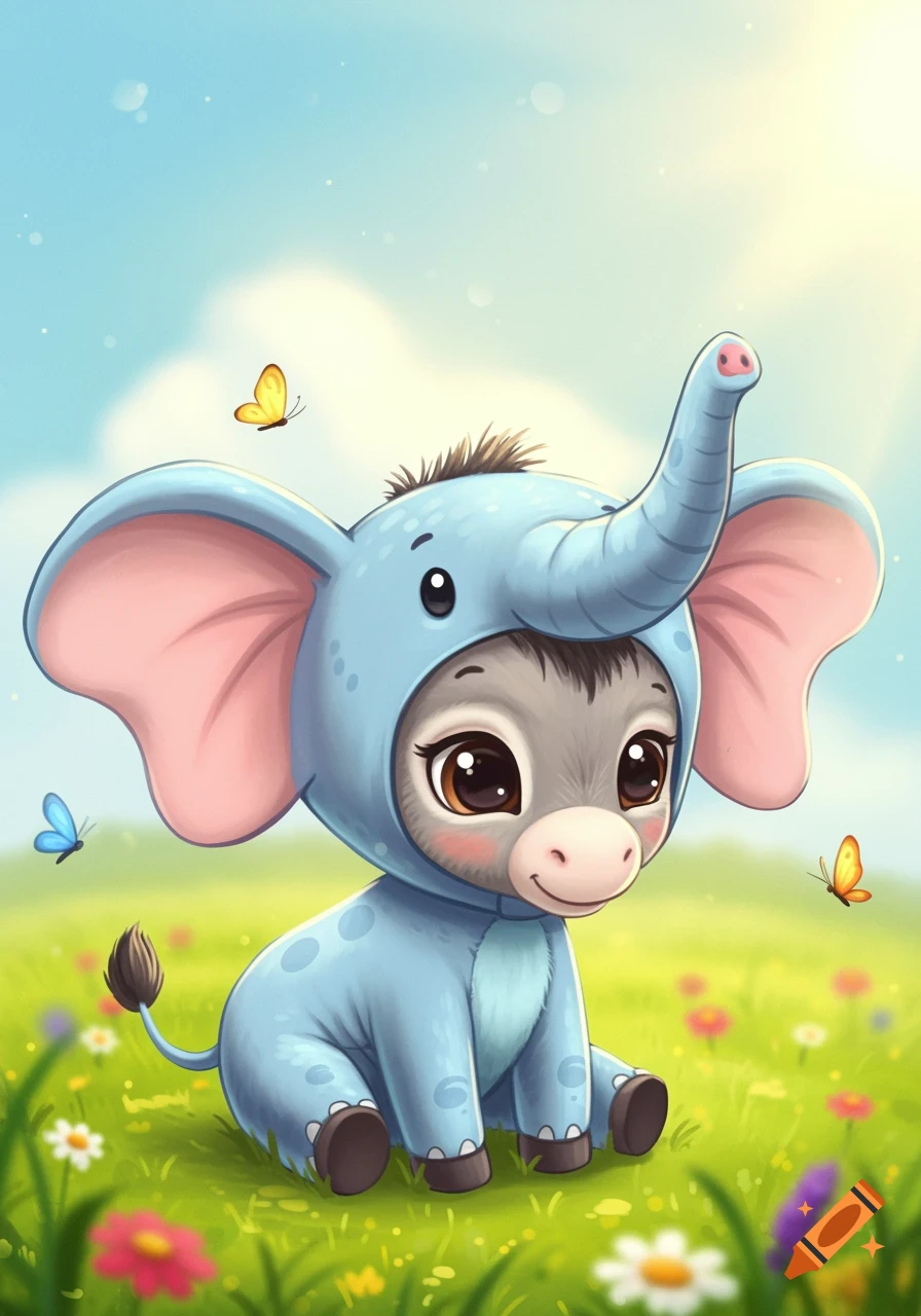 A cute cartoon baby donkey in a blue elephant costume sits in a grassy field with colorful flowers and butterflies.