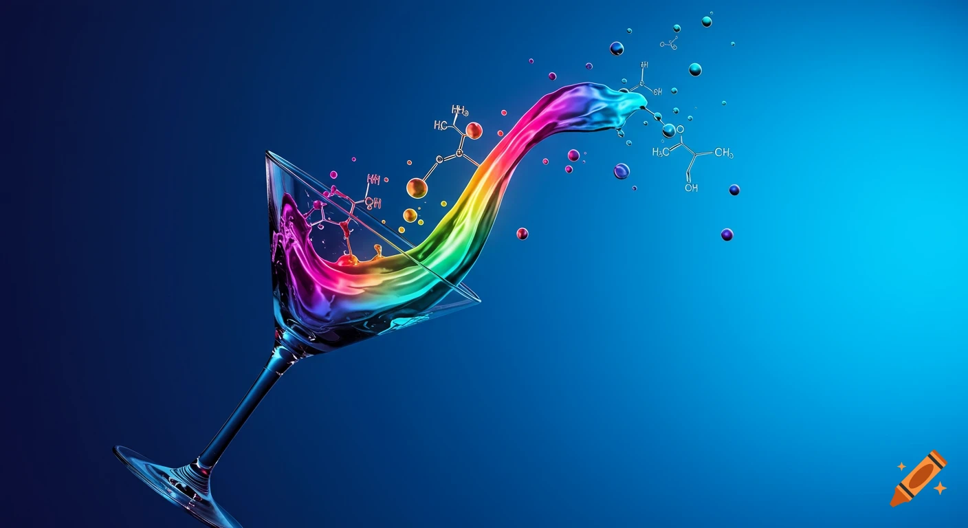 A vibrant, rainbow-colored liquid splashes dynamically from a martini glass, surrounded by floating chemical compound symbols against a blue background.