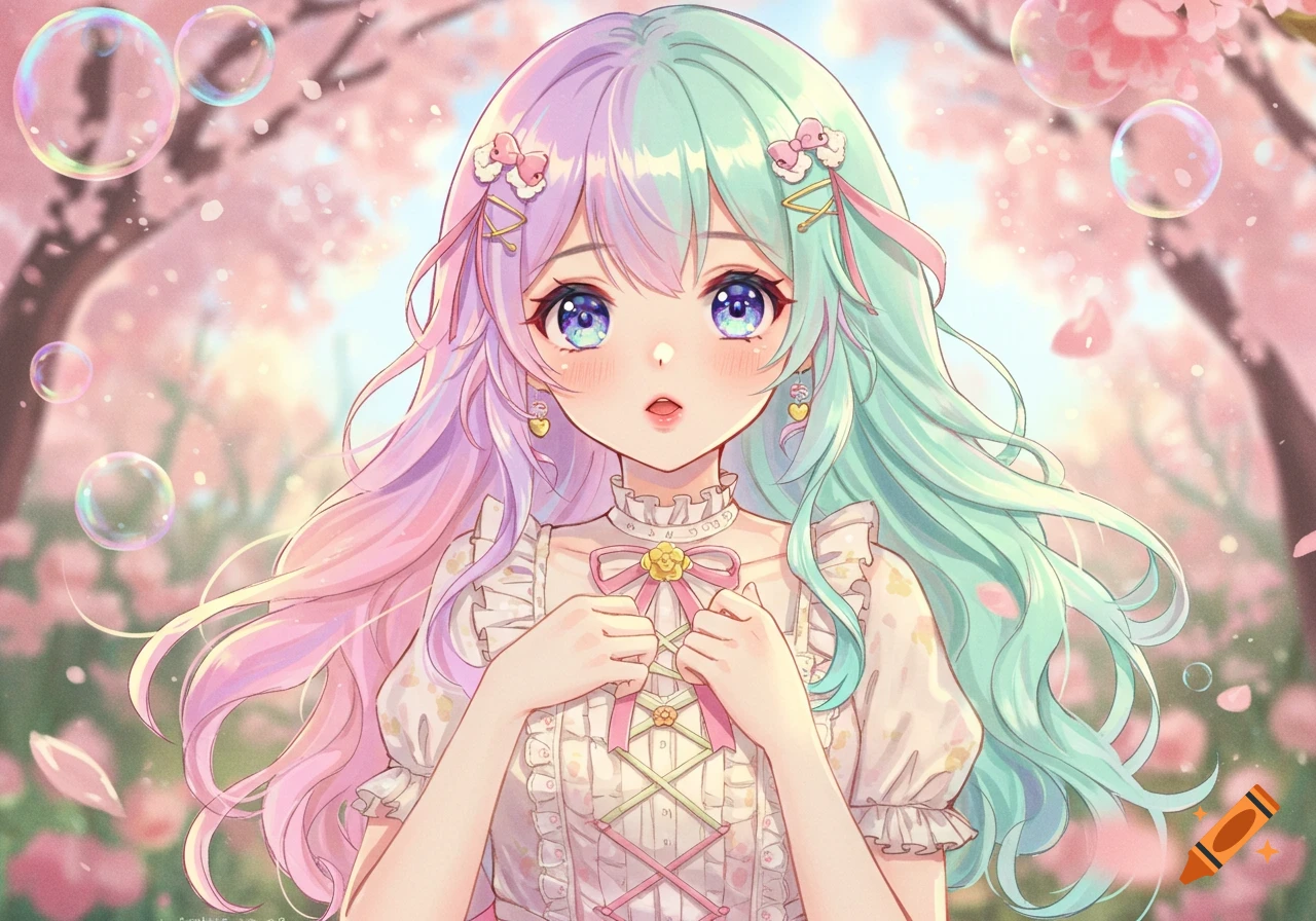 An anime girl with pastel purple and teal hair, big blue eyes, wearing a ruffled dress, surrounded by cherry blossoms and bubbles.