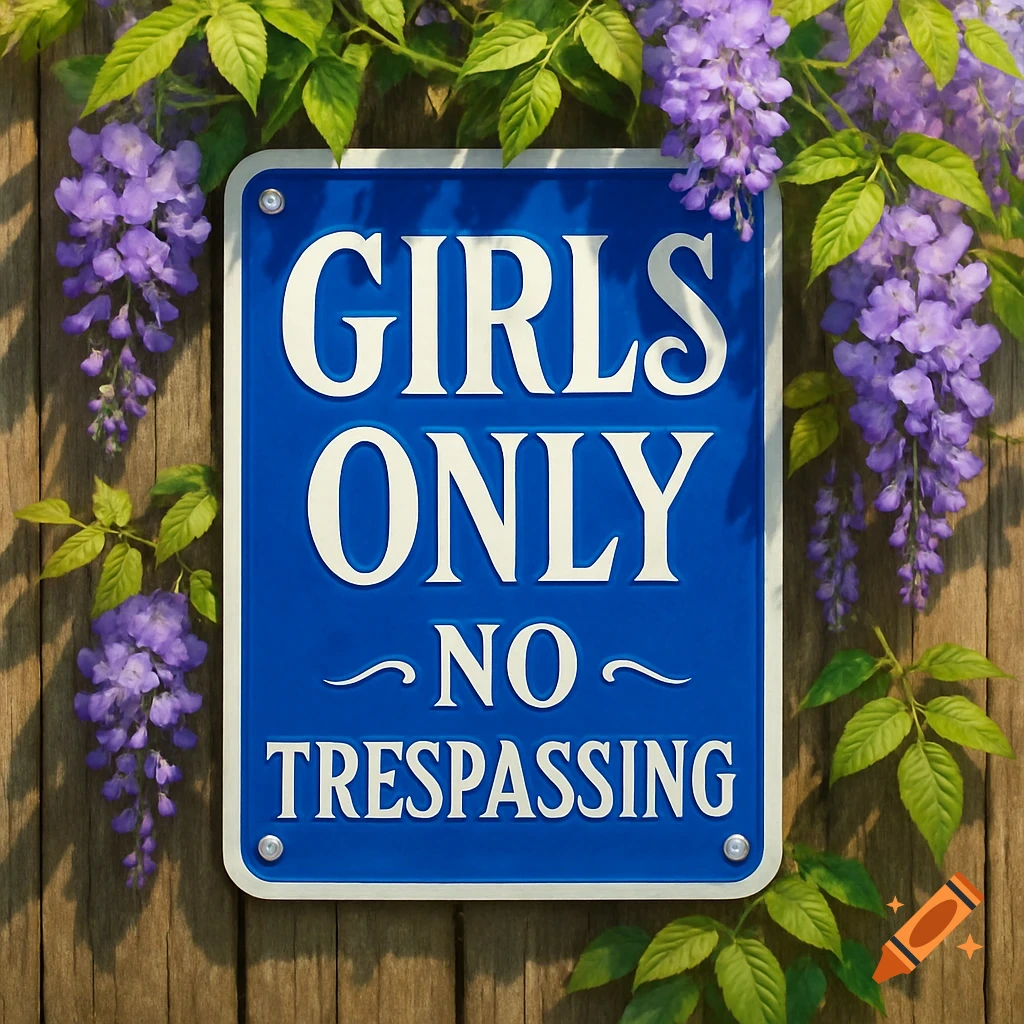 A blue sign with white text reading "GIRLS ONLY NO TRESPASSING" is affixed to a wooden fence, framed by purple wisteria flowers and green leaves.