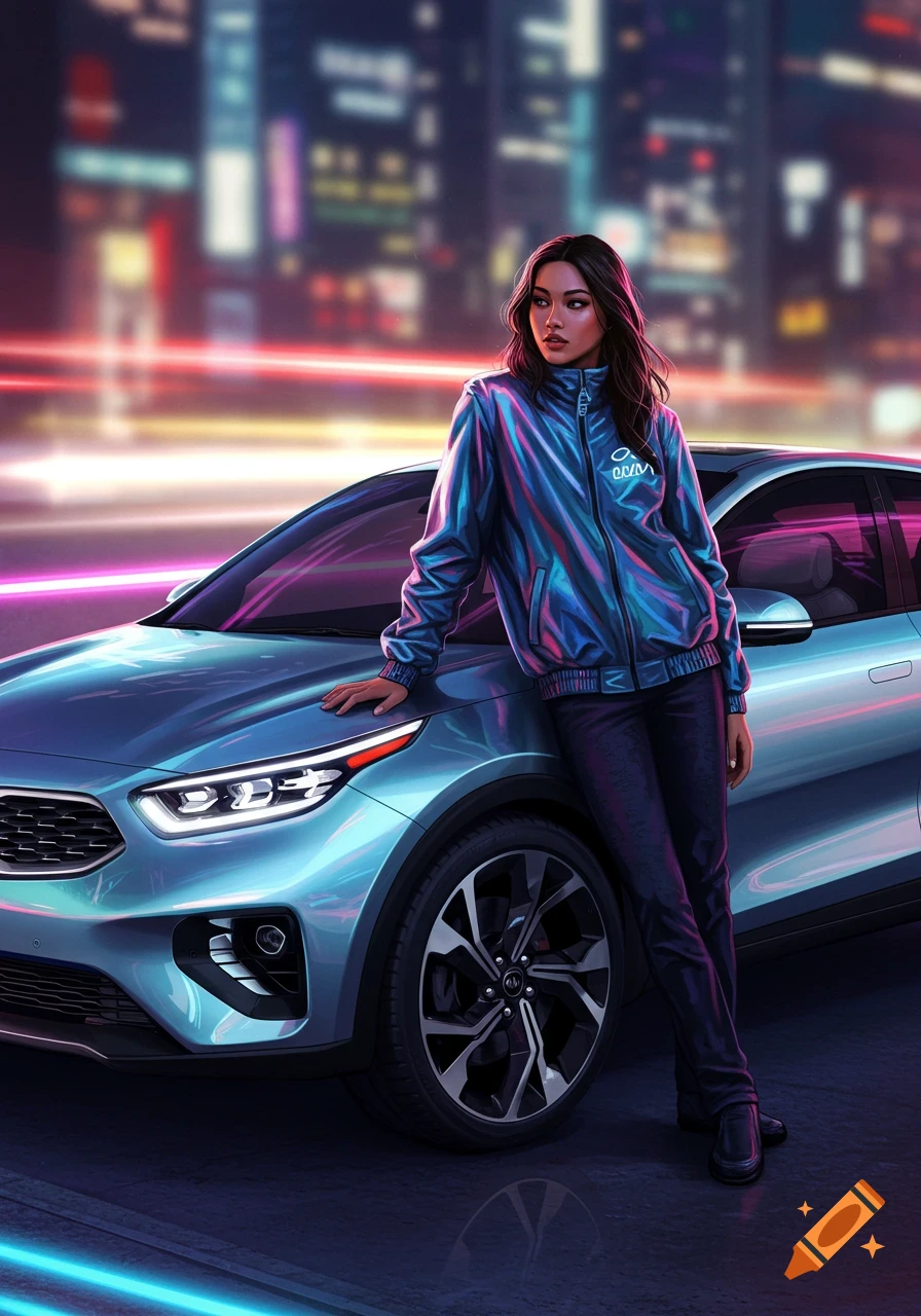 A woman in a reflective blue jacket leans on a light blue car at night in a neon city, digital art.