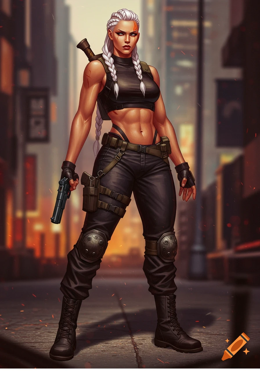 A strong woman with white braided hair, orange scar, black crop top, and tactical gear, holding a pistol in an urban setting.