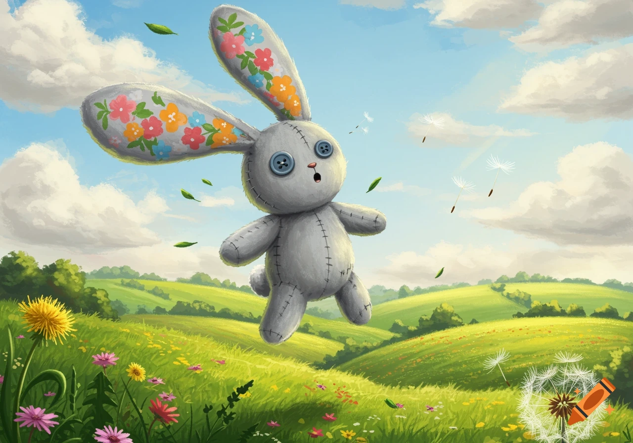 A surprised gray toy rabbit with colorful floral ears floats above a green, flowery field under a blue sky, with leaves and dandelion seeds blowing.