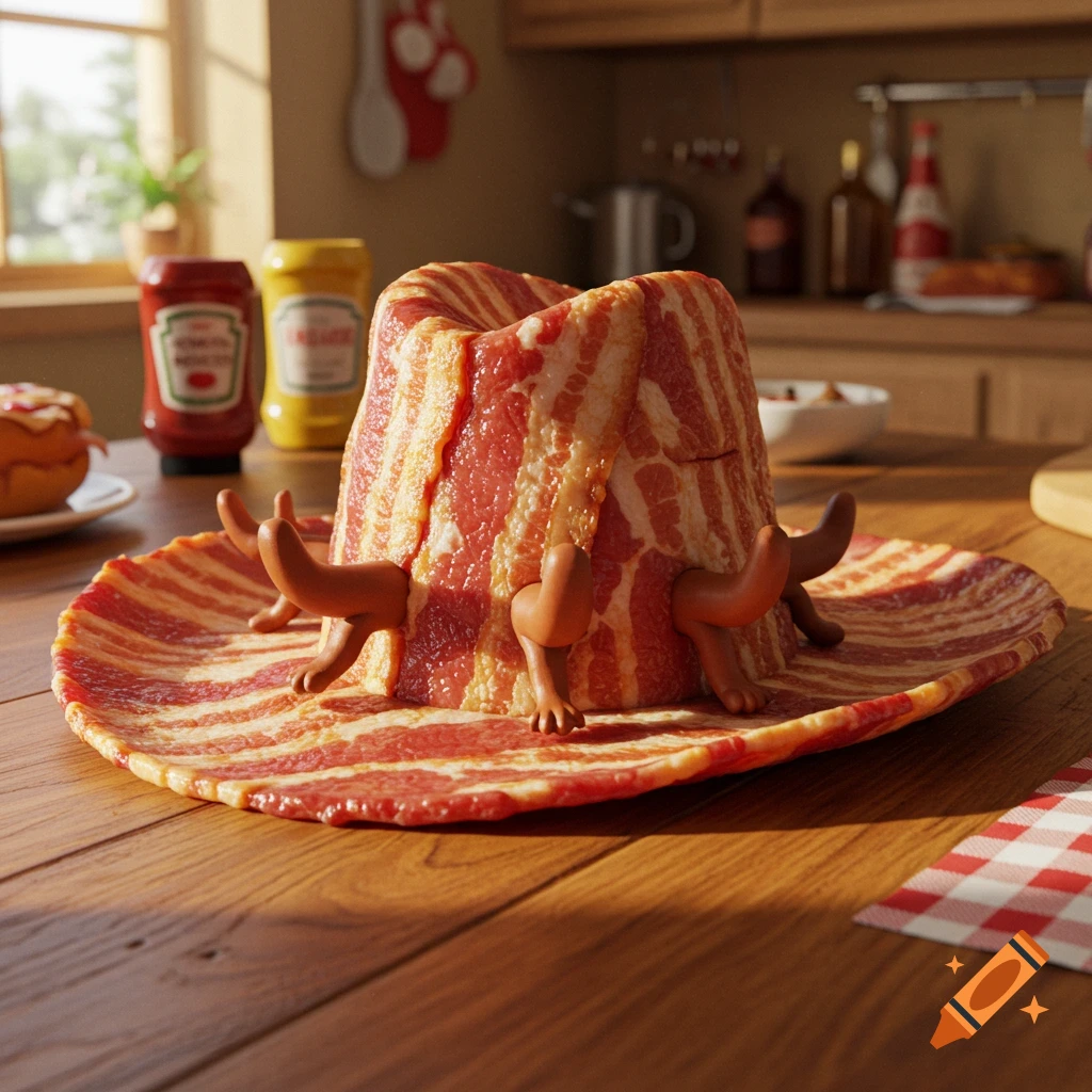 A photorealistic image of a fedora hat made of raw bacon, with small wiener dog legs emerging from beneath its brim, on a wooden kitchen table.