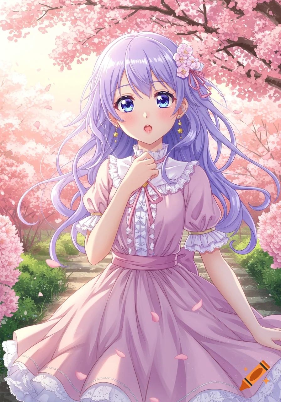 Anime girl with purple hair in a pink dress standing in a cherry blossom garden, looking surprised.
