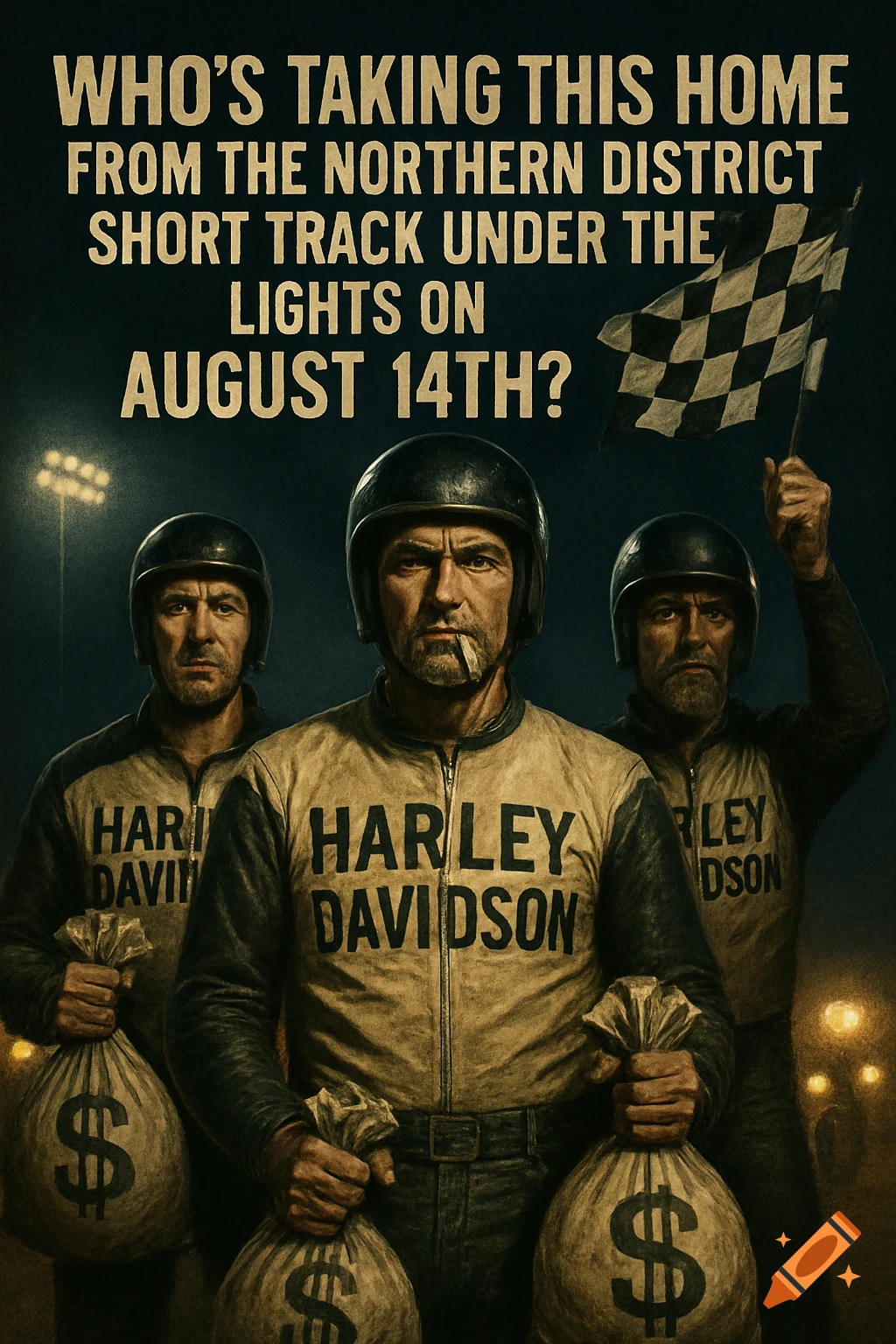 Three grim-faced men in motorcycle helmets and Harley Davidson racing leathers stand against a dark background. The middle man holds money bags and has a cigarette, another holds money bags, and the third raises a checkered flag. Text at the top reads: "WHO'S TAKING THIS HOME FROM THE NORTHERN DISTRICT SHORT TRACK UNDER THE LIGHTS ON AUGUST 14TH?"