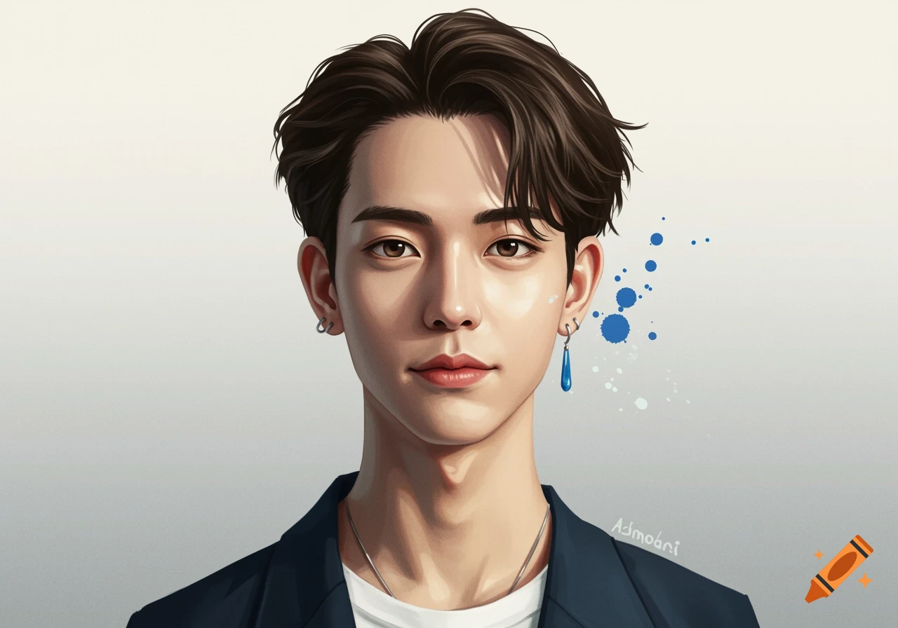 Digital illustration of a young man with dark hair and blue paint splatters on a light background.