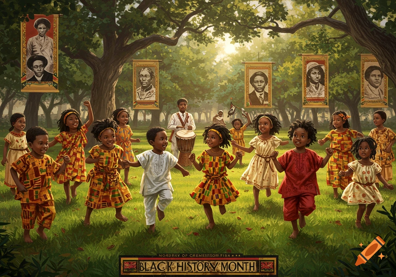 A group of cheerful African American children dance and run barefoot in a sunlit grassy forest clearing, holding hands. Historical figures are depicted on banners hanging from trees, and a banner at the bottom reads "BLACK HISTORY MONTH".