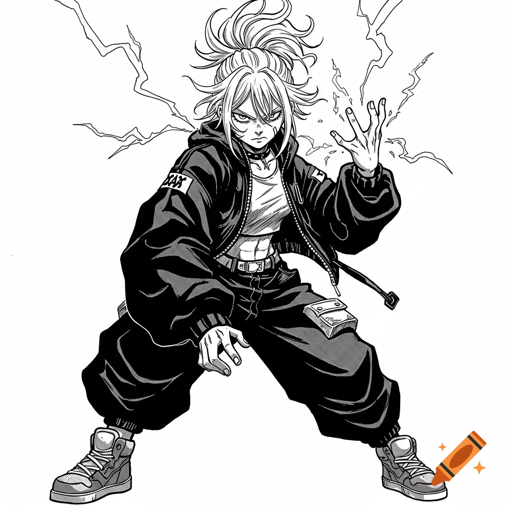 A full body, black and white manga-style illustration of a stern young woman with messy white hair in a bun, wearing an oversized streetwear jacket, crop top, baggy pants, and sneakers. She stands in a dynamic pose with lightning crackling around her raised hand.