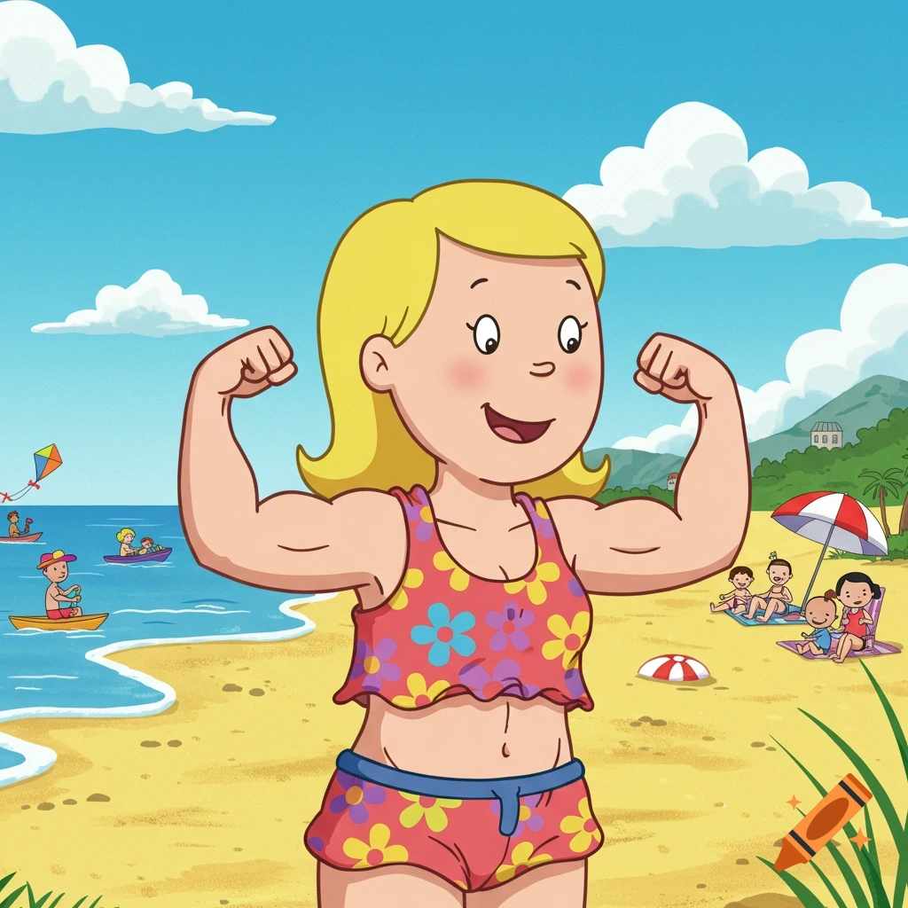 A cartoon blonde woman in a floral swimsuit flexing her bicep muscles at a sunny beach with people, boats, and a kite in the background.