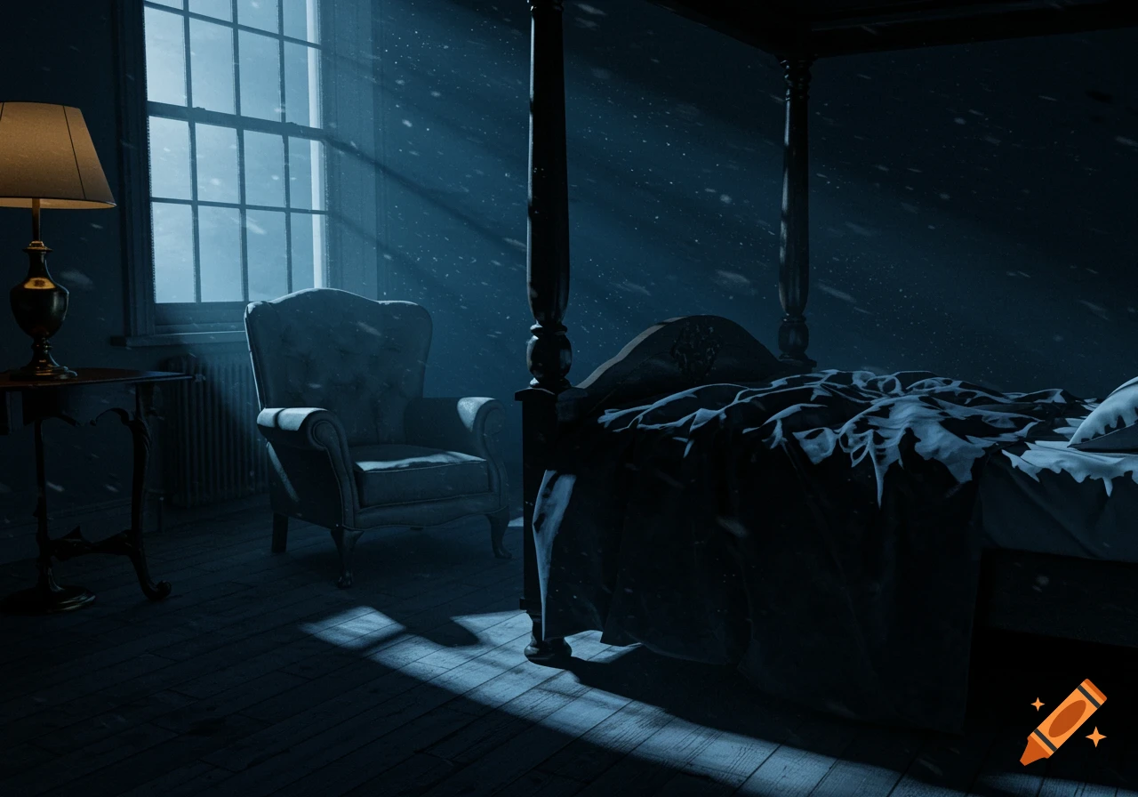 A moody, dark bedroom with a four-poster bed, armchair, and lamp, illuminated by light streaming through a window.
