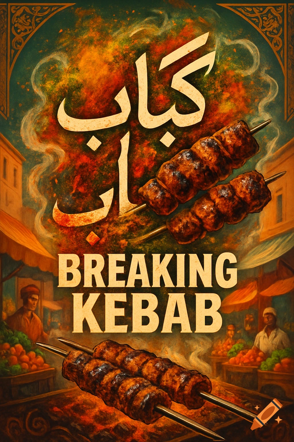 Vibrant, painterly image of grilled kebabs on skewers over a fire in a busy market. Text reads 'Breaking Kebab' and Arabic script.