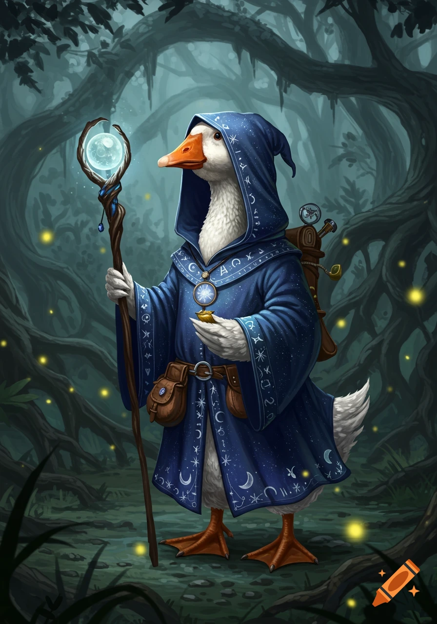 A detailed digital painting of a white goose dressed in a hooded blue wizard robe adorned with mystical symbols, holding a glowing staff, standing in a dark, misty forest.