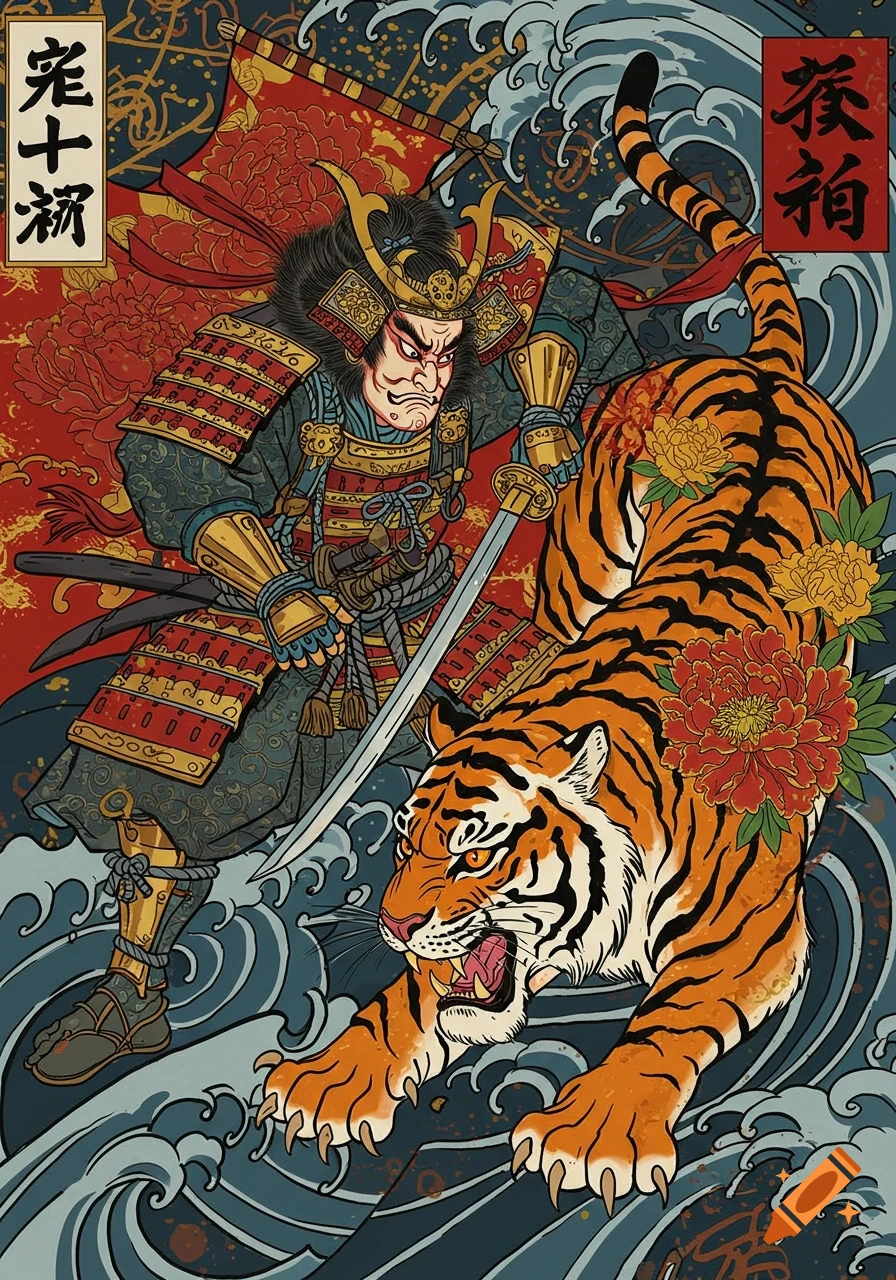 A samurai warrior with a katana fighting a roaring tiger, in a traditional Japanese ukiyo-e style with ocean waves.