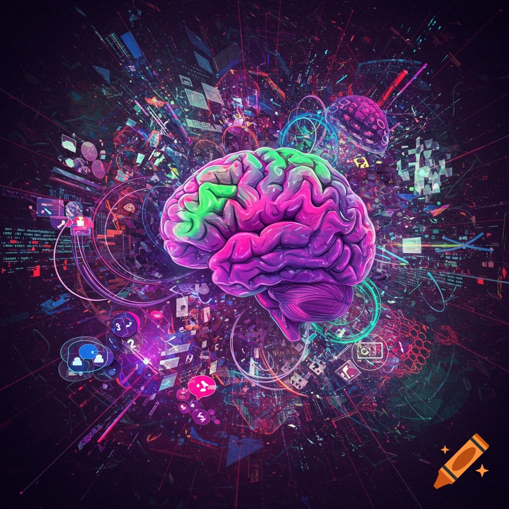 A glowing, vibrant brain, predominantly pink and purple, floats amidst a chaotic explosion of neon digital elements and abstract lines.