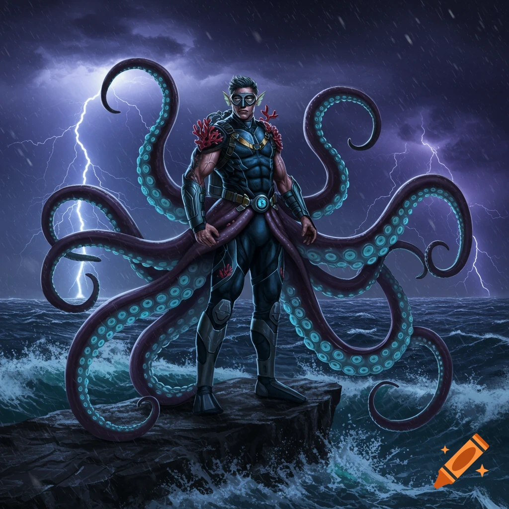 A powerful octopus man superhero with blue tentacles and a dark suit stands on a rock in a stormy ocean with lightning.