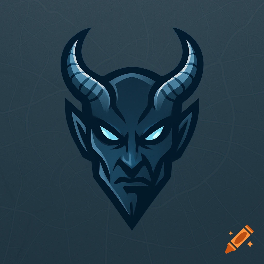 A dark blue and black demon face logo with glowing blue eyes and horns, set against a subtle grid pattern.