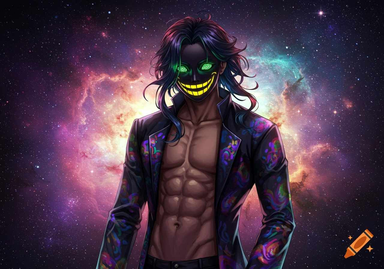 Anime man with long dark hair and glowing green and yellow mask, wearing an open black jacket, standing against a cosmic nebula background.