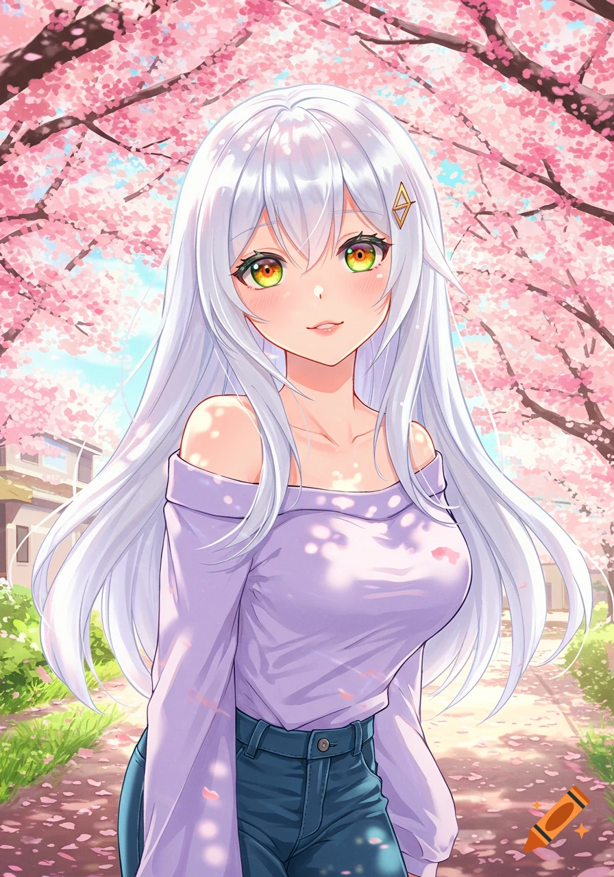 An anime girl with long white hair and gradient eyes wearing a lavender off-shoulder top and jeans, standing under cherry blossom trees.