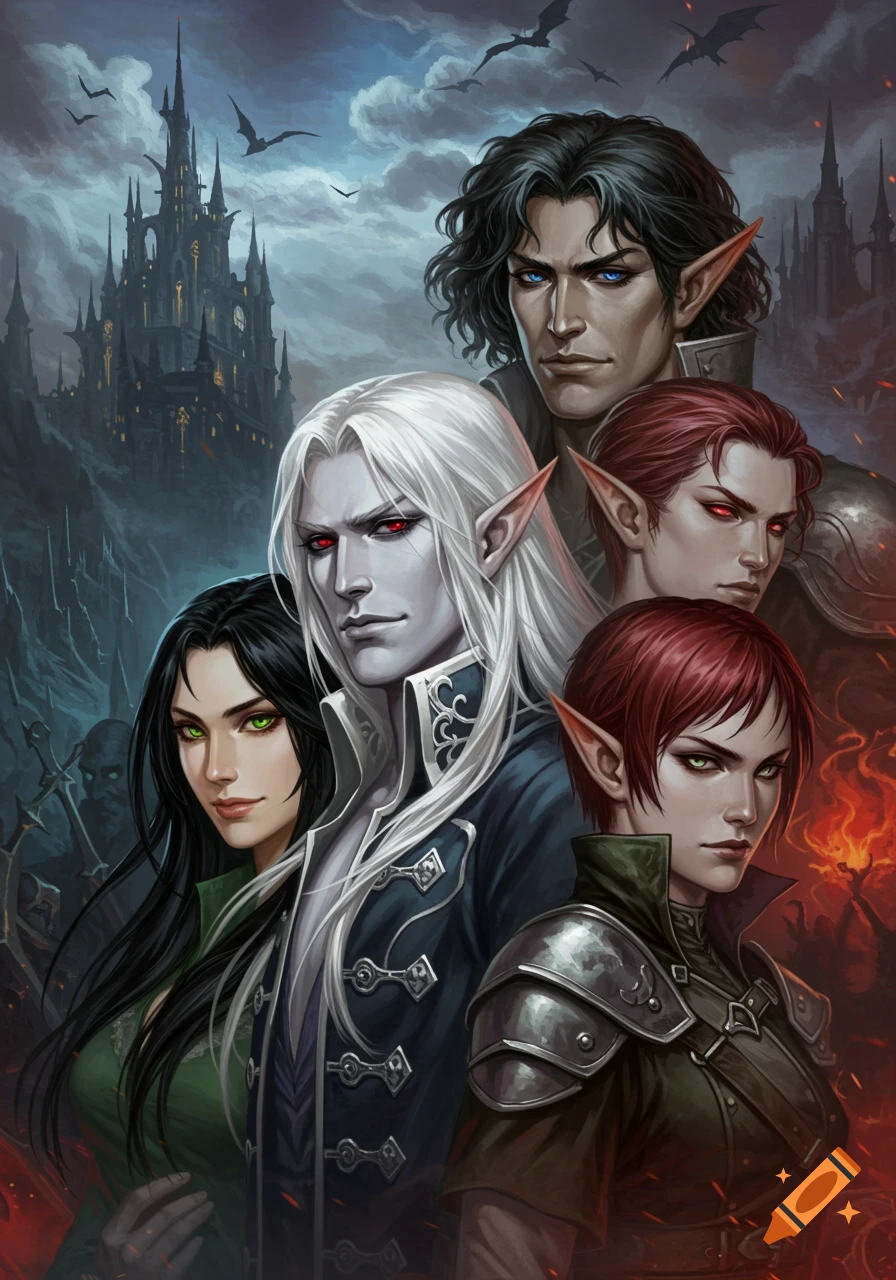 A digital painting featuring five elven characters, including one with white hair and red eyes, against a backdrop of a dark castle and stormy sky.