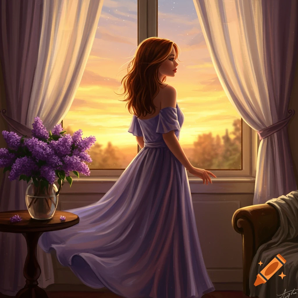A woman in a purple dress looks out a window with sunset light. A vase of purple flowers is on a table. Digital painting.