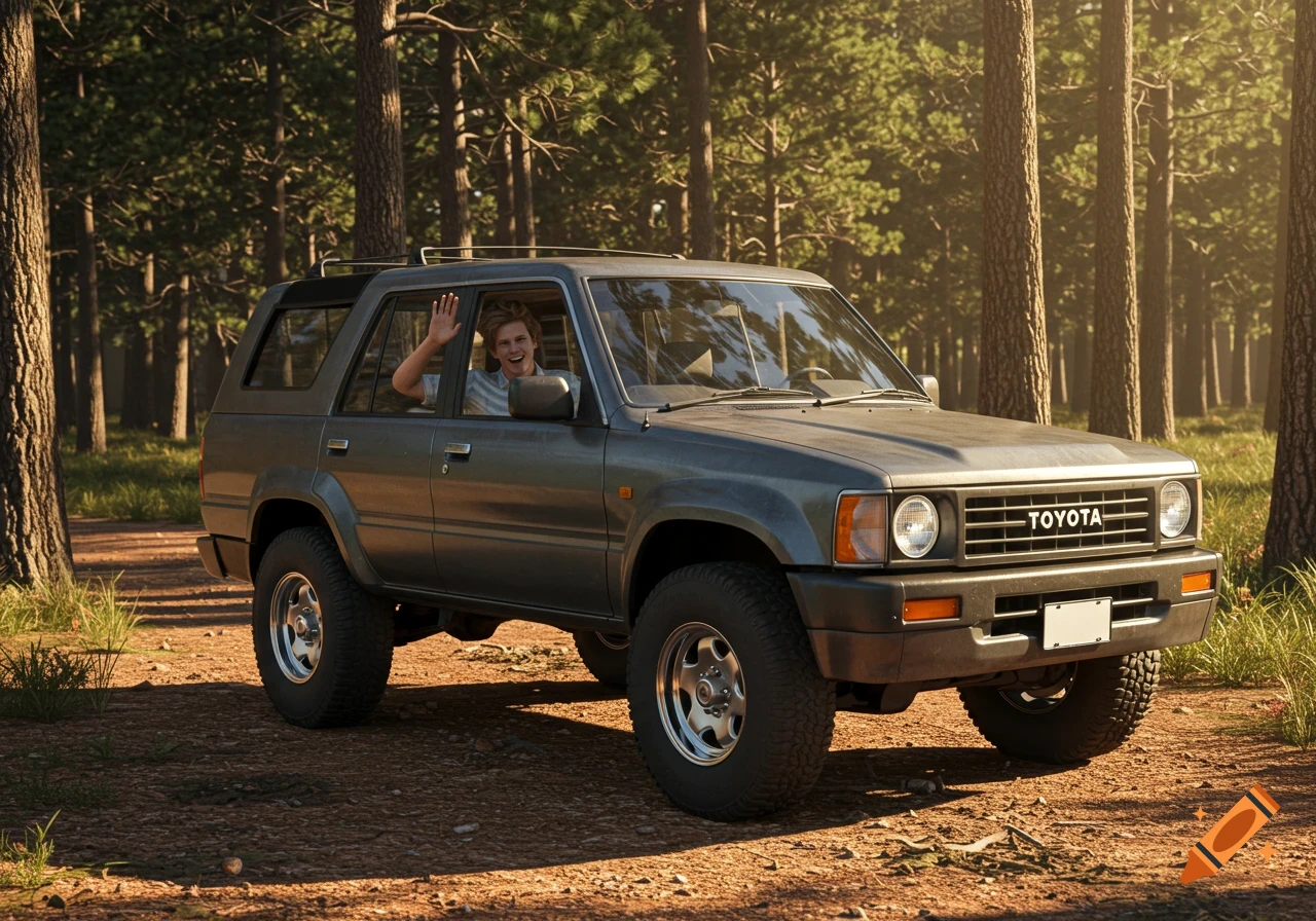 A man in an old gray Toyota 4Runner waves from the driver's seat on a dirt road in a sunny forest.