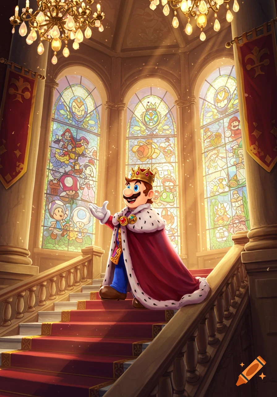 King Mario stands on a grand red-carpeted staircase in a royal hall with chandeliers and stained-glass windows depicting Mario characters.