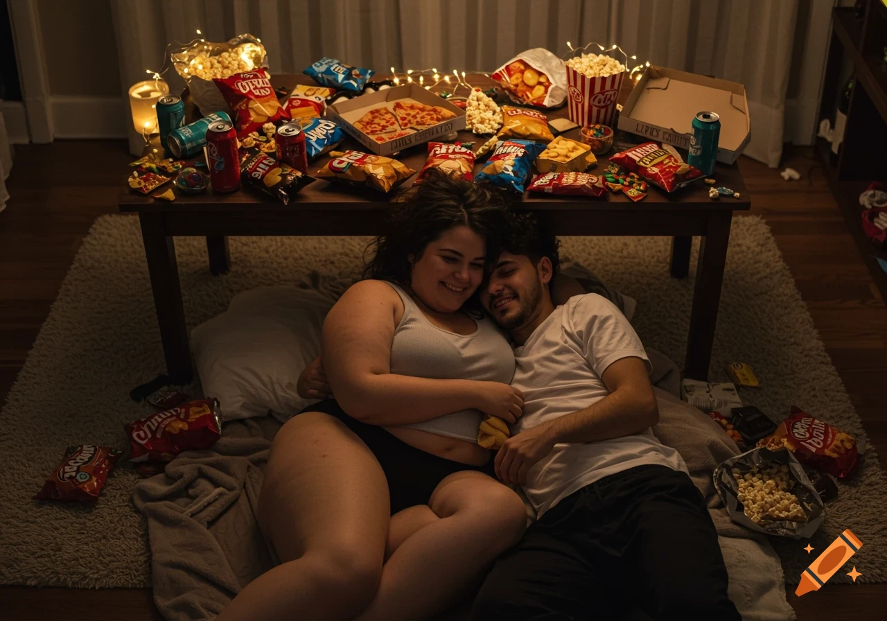 A happy couple cuddles on a rug under a table laden with popcorn, chips, pizza, and soda in a softly lit, cozy room.