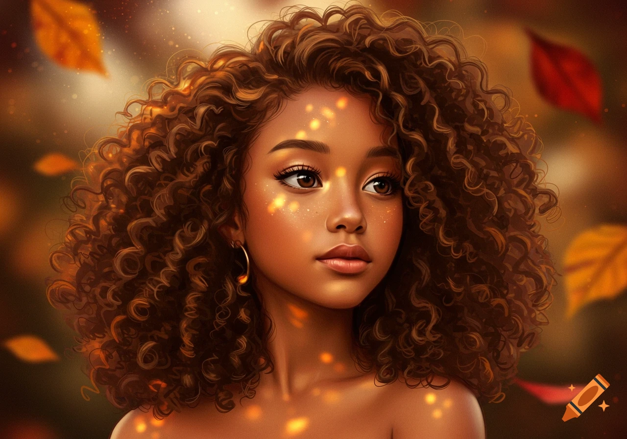 Digital painting of a young girl with curly brown hair, glowing skin, and a warm autumn background.