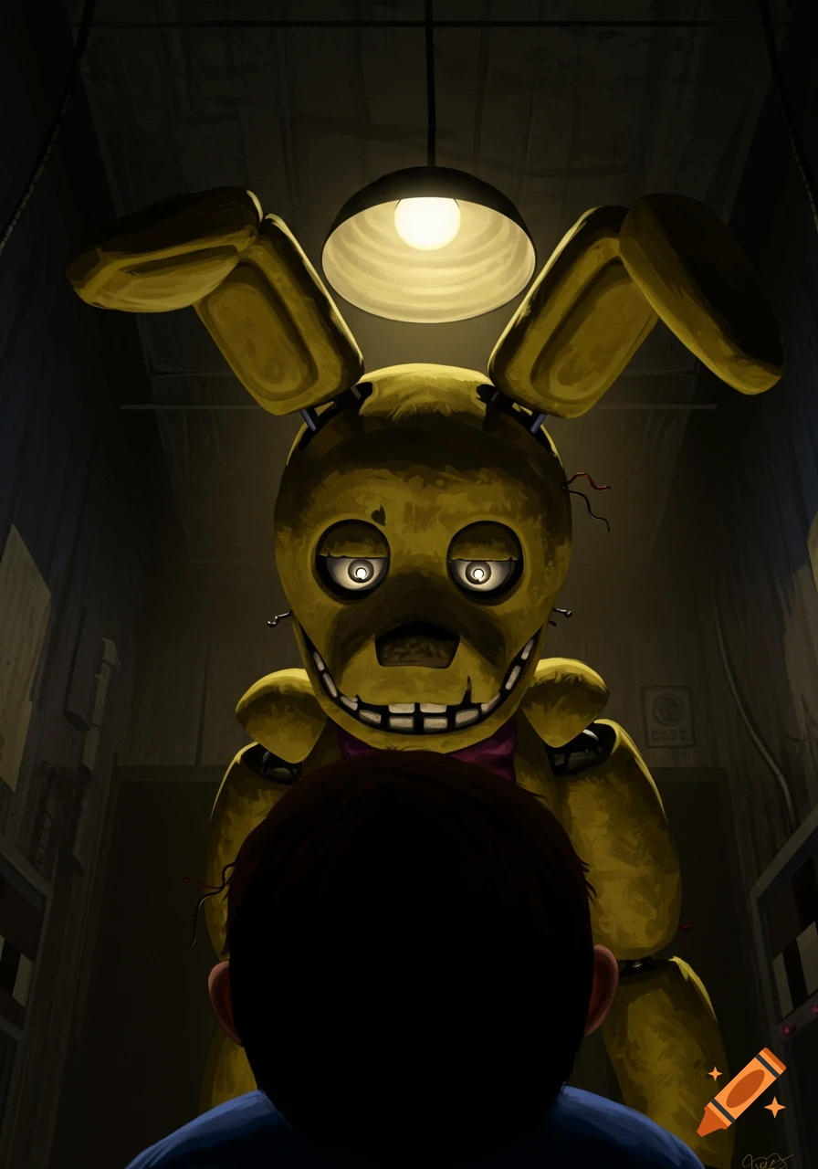 A menacing yellow animatronic rabbit, Springtrap, stares down at a person in a dark room illuminated by a single overhead light.