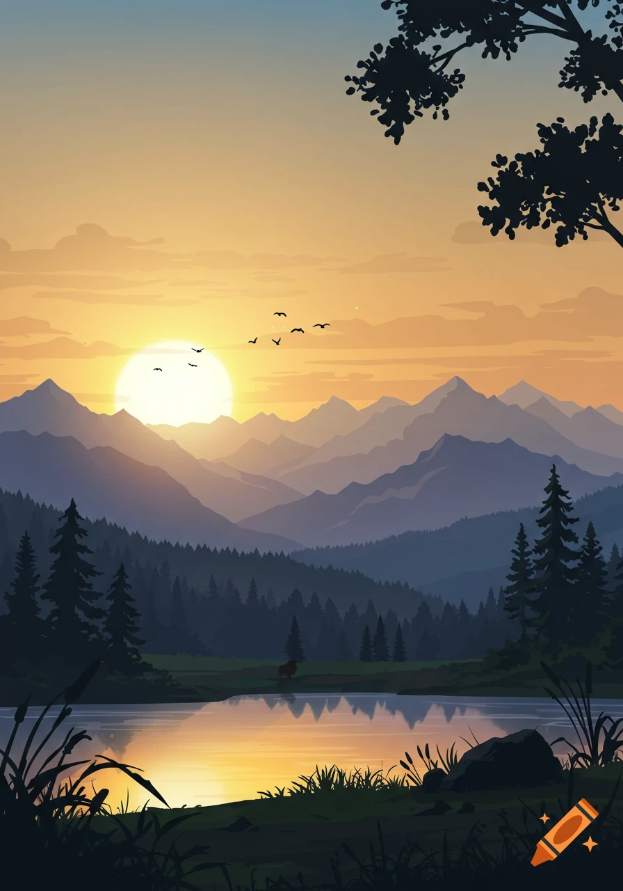 Stylized mountain landscape with a sunset over a lake, silhouetted trees, and birds flying.