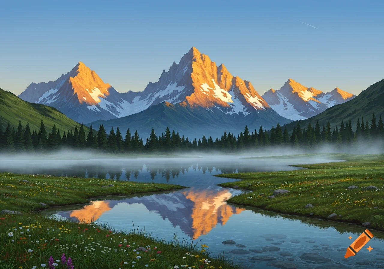 Sunrise illuminates snow-capped mountains reflecting in a misty lake, bordered by evergreen forests and a vibrant wildflower meadow.