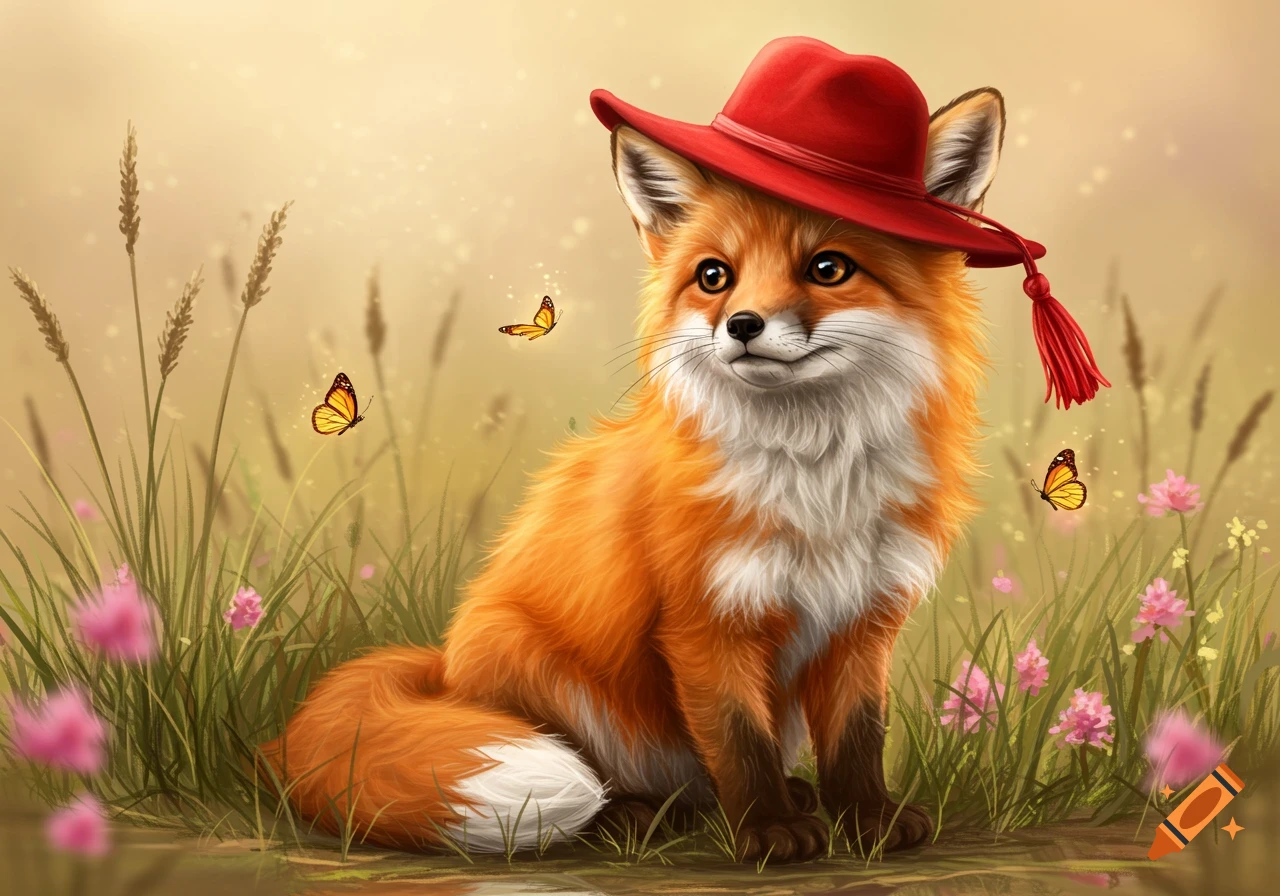 A cute orange fox wearing a red hat sits in a field with green grass, pink flowers, and butterflies, digital illustration.