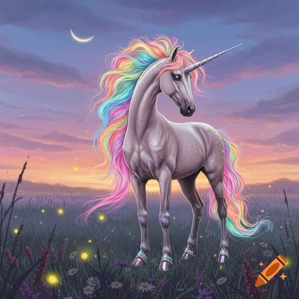 A majestic unicorn with a flowing rainbow mane and tail stands in a field with glowing fireflies under a crescent moon at sunset.