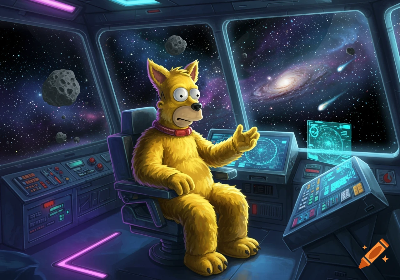 Cartoon Homer Simpson in a yellow dog fursuit sits in a spaceship cockpit, looking surprised, with a galaxy and asteroids visible outside.