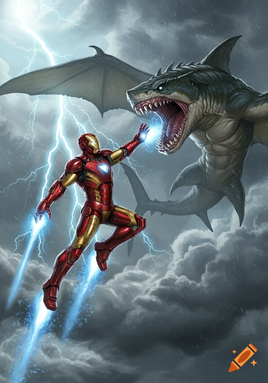 Iron Man flies through a stormy sky, blasting energy at a large, winged shark-like monster as lightning flashes around them.