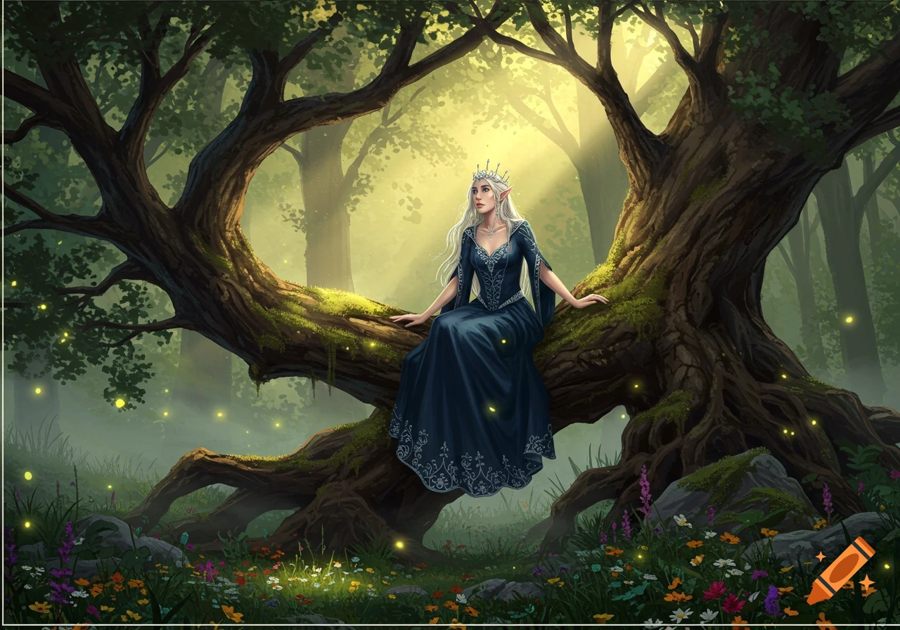 An elegant elf in a blue gown sitting on a mossy tree branch in a sunlit fantasy forest with fireflies and colorful flowers.