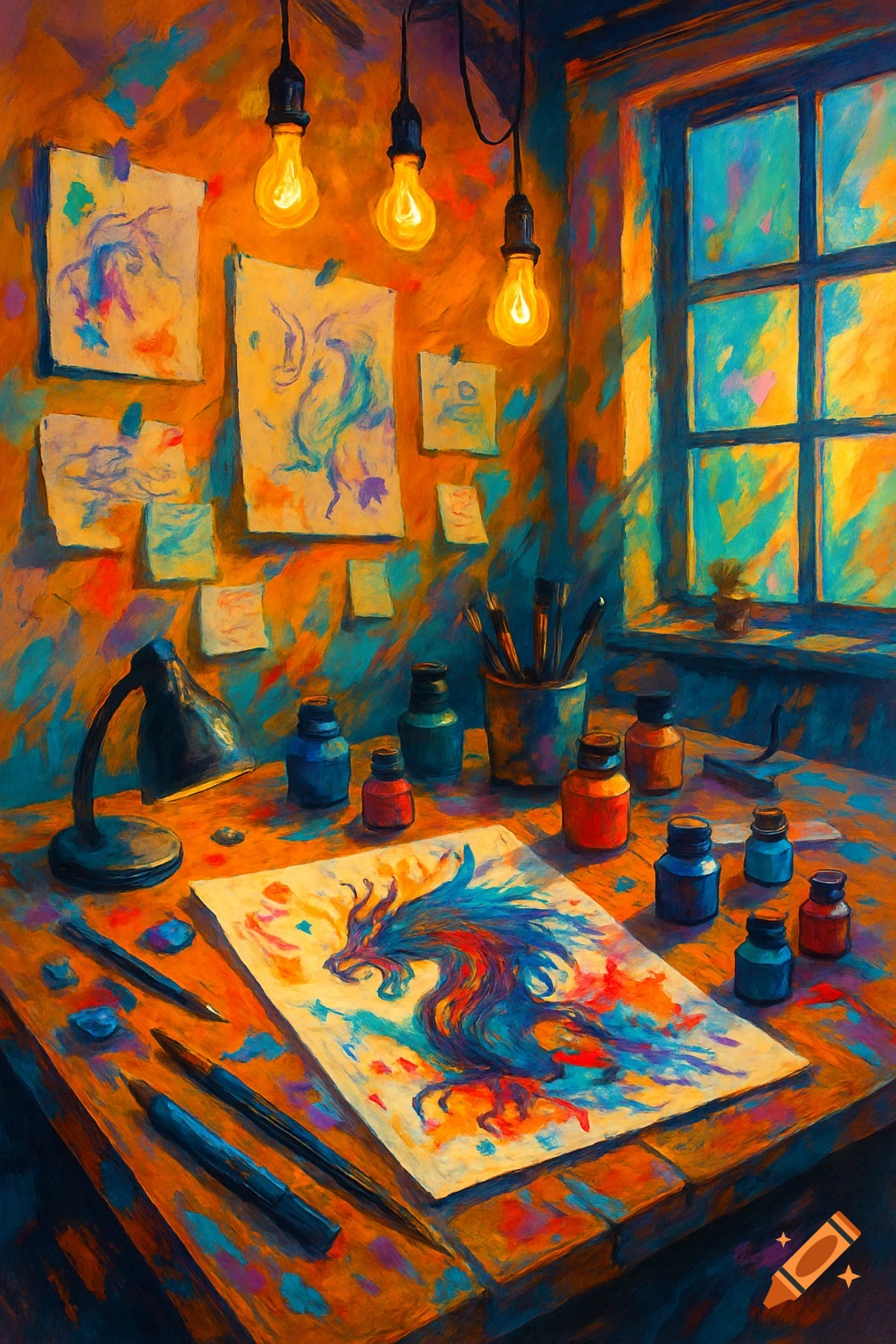 Vibrant, painterly image of an art studio with a desk full of supplies and a colorful dragon painting.