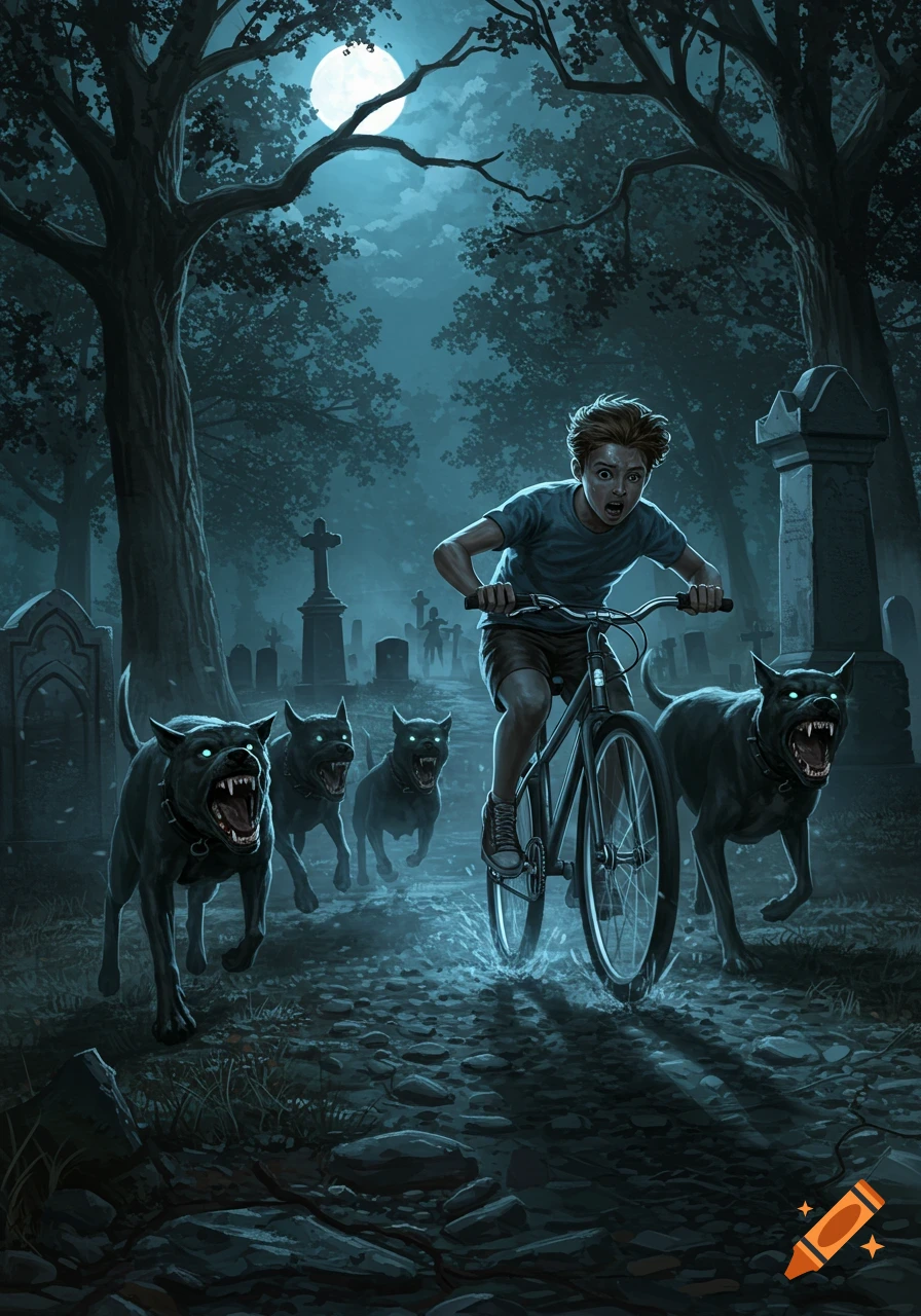 A terrified boy on a bike flees snarling, glowing-eyed dogs through a dark cemetery at night under a full moon.