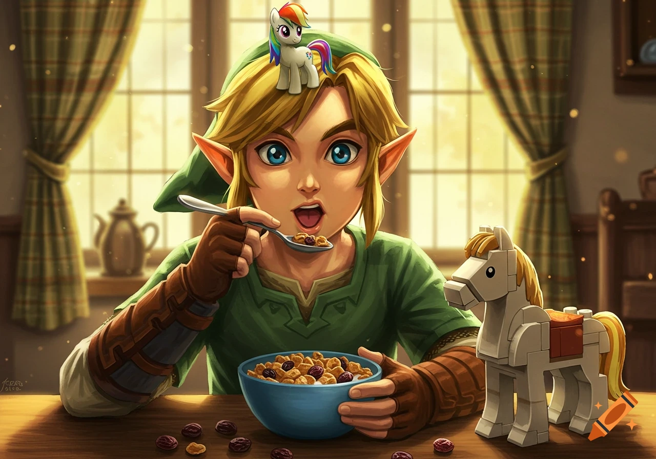Link eating cereal with a My Little Pony on his head and a Lego horse on the table, in a brightly lit room.