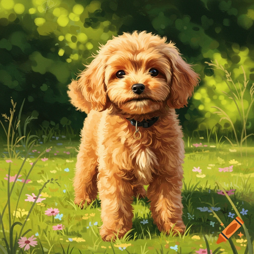 A cute apricot-colored toy poodle stands in a grassy field filled with small colorful flowers, with a blurred green background.