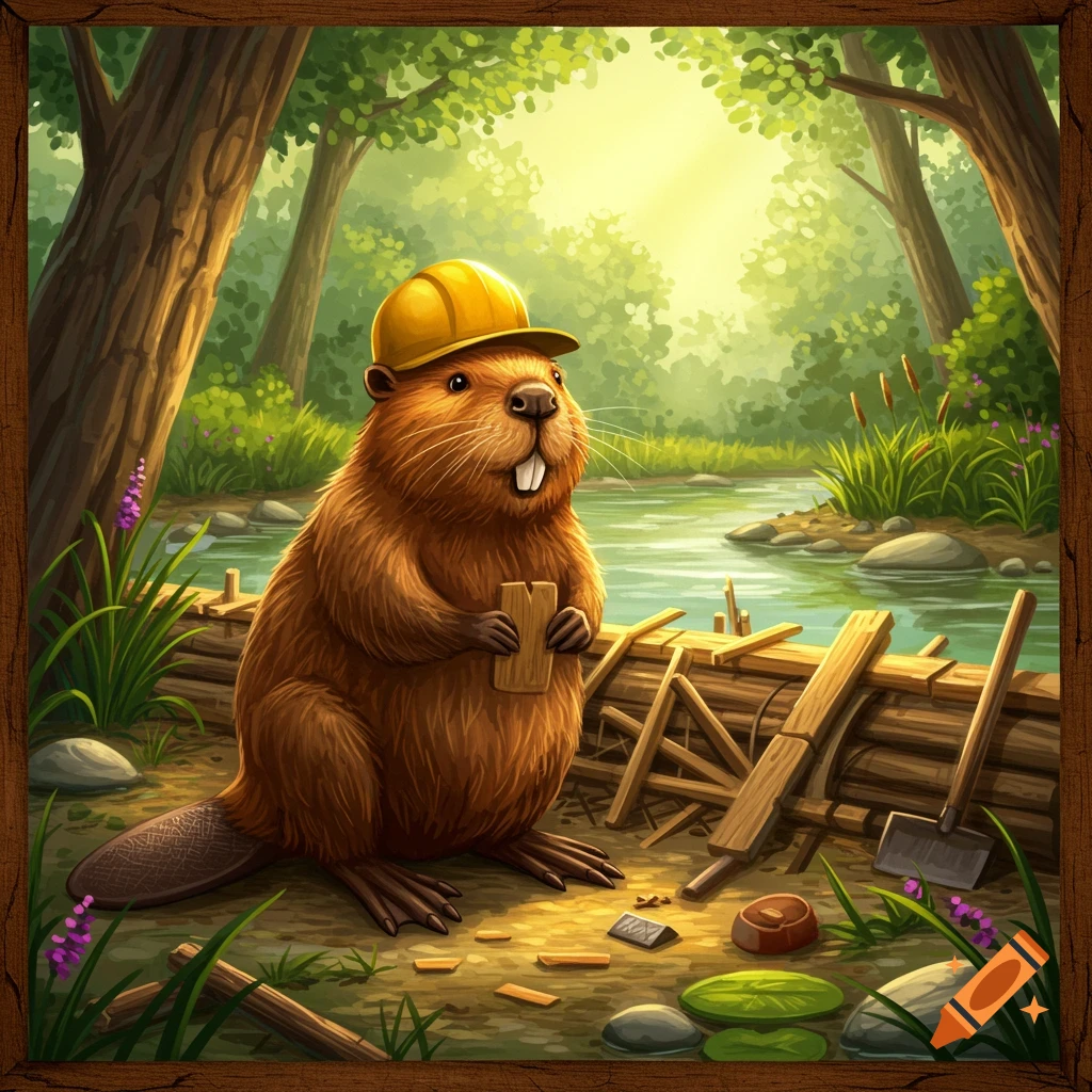 A cartoon beaver wearing a yellow hard hat holds wood, standing by a river with a dam in a sunny forest.