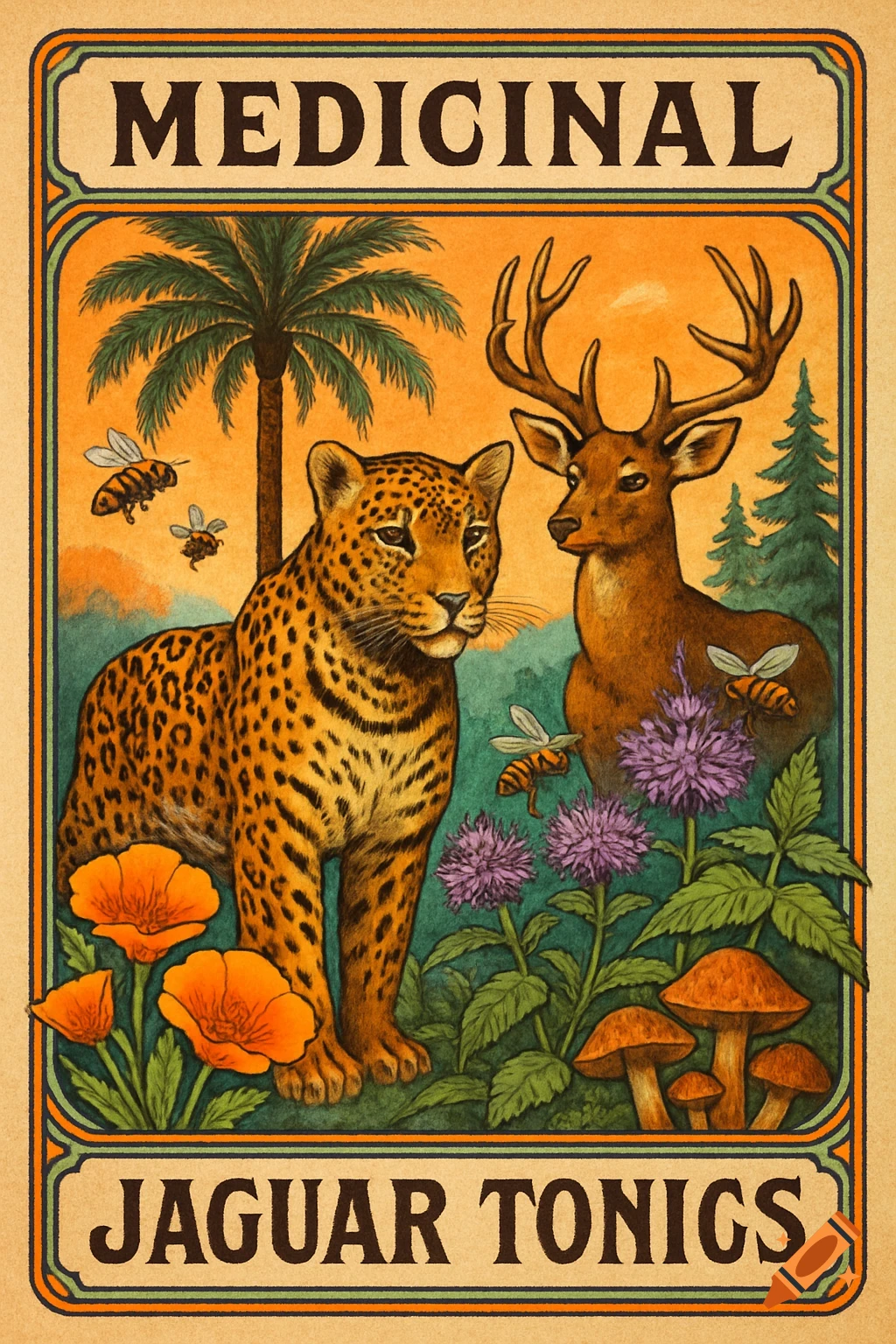 A vintage illustration of a jaguar and deer surrounded by flowers, mushrooms, bees, and trees, with text 'MEDICINAL JAGUAR TONICS'.