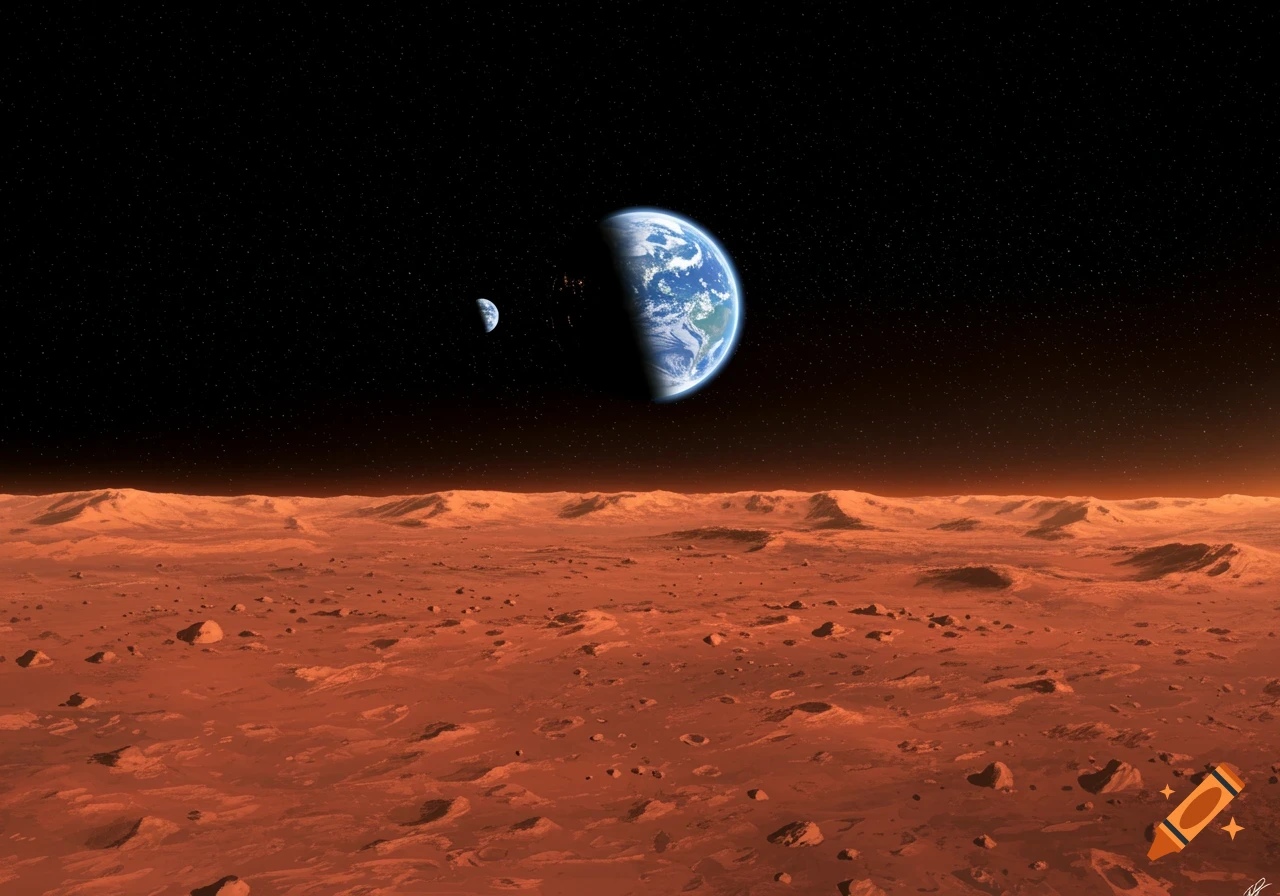 Photorealistic image of the red, rocky surface of Mars, with Earth and its moon visible in the dark, star-filled sky.