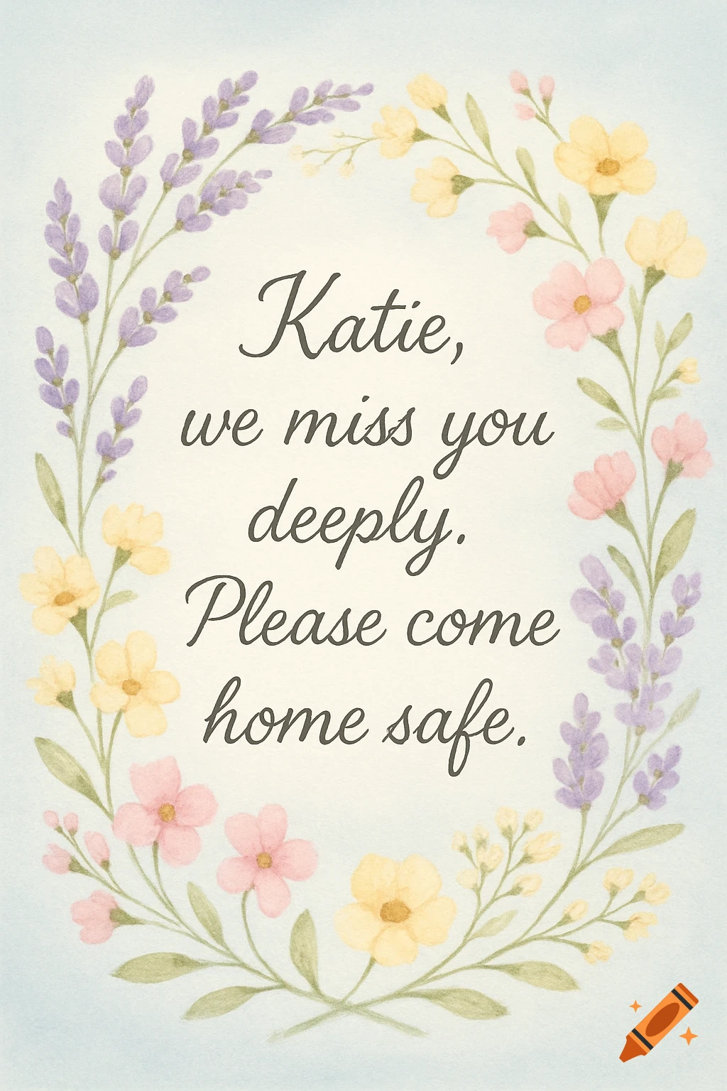 Watercolor card with a floral border of lavender and wildflowers surrounding the text 'Katie, we miss you deeply. Please come home safe.'