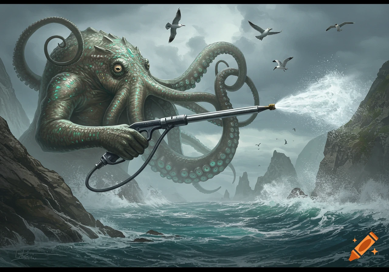 A massive green Kraken emerges from the ocean, spraying water from a ...