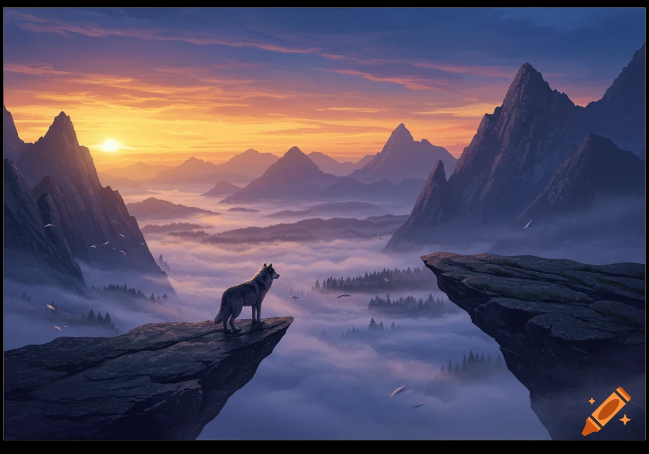 A wolf stands on a cliff edge overlooking a misty mountain valley at sunrise.